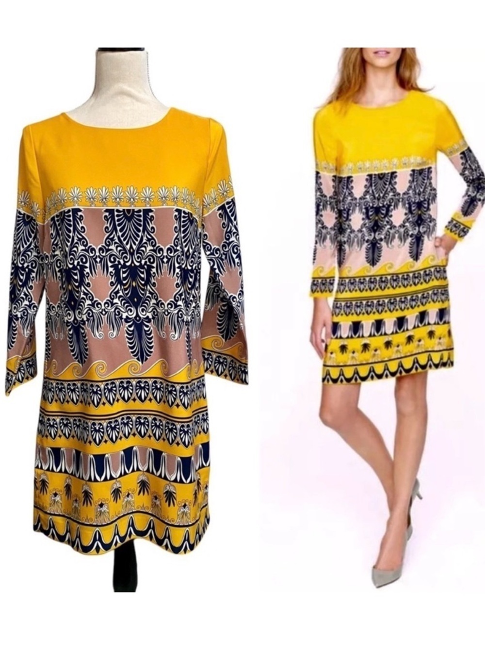 J.Crew Factory Baroque Border Print Shift Dress Mustard Navy 3/4 Sleeve Size 4